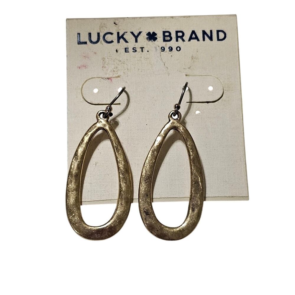 Lucky Brand Gold Tone Hammered Teardrop Drop Earrings Open Frame Boho Dangle